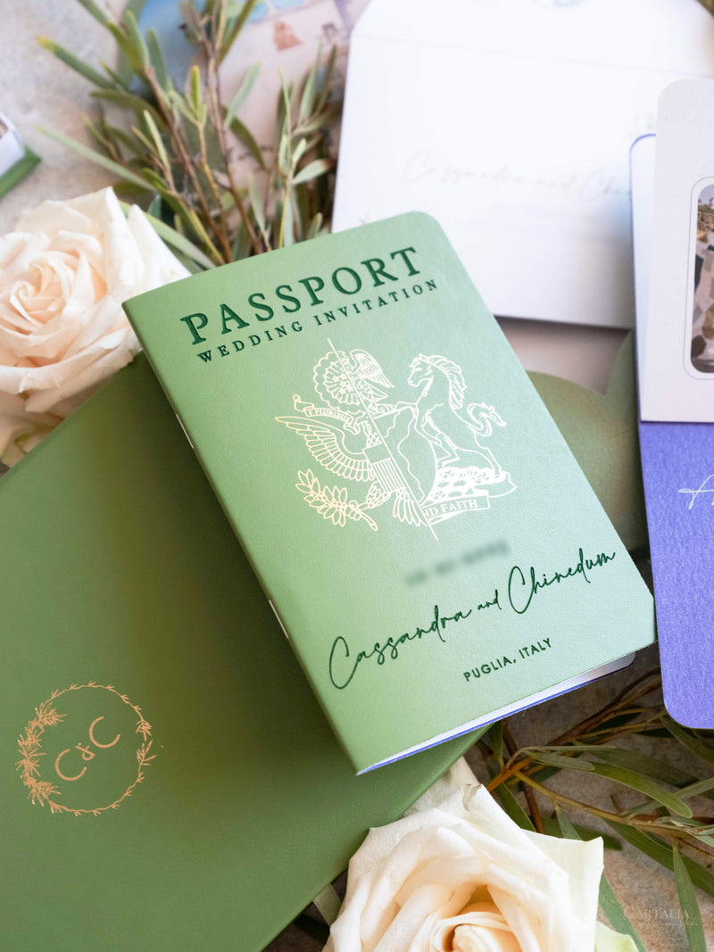 Luxury Wedding Box with Passport in Vegan Leather & Venue | Puglia, Italy| Bespoke C&C