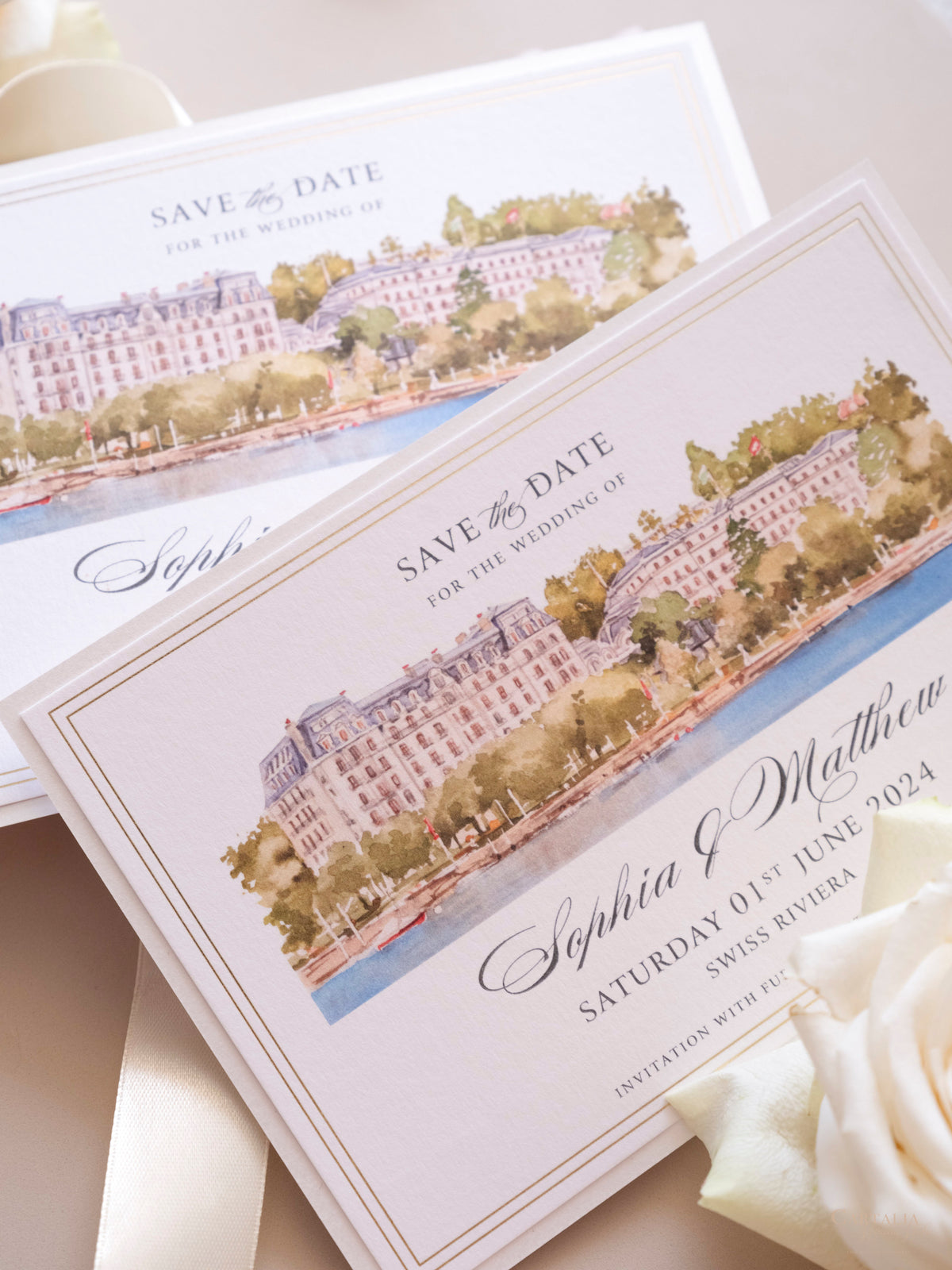 Watercolor Save The Date with Gold Foil Venue Sketch | Swiss Rivera