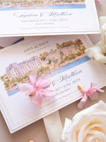 Watercolor Save The Date with Gold Foil Venue Sketch | Swiss Rivera