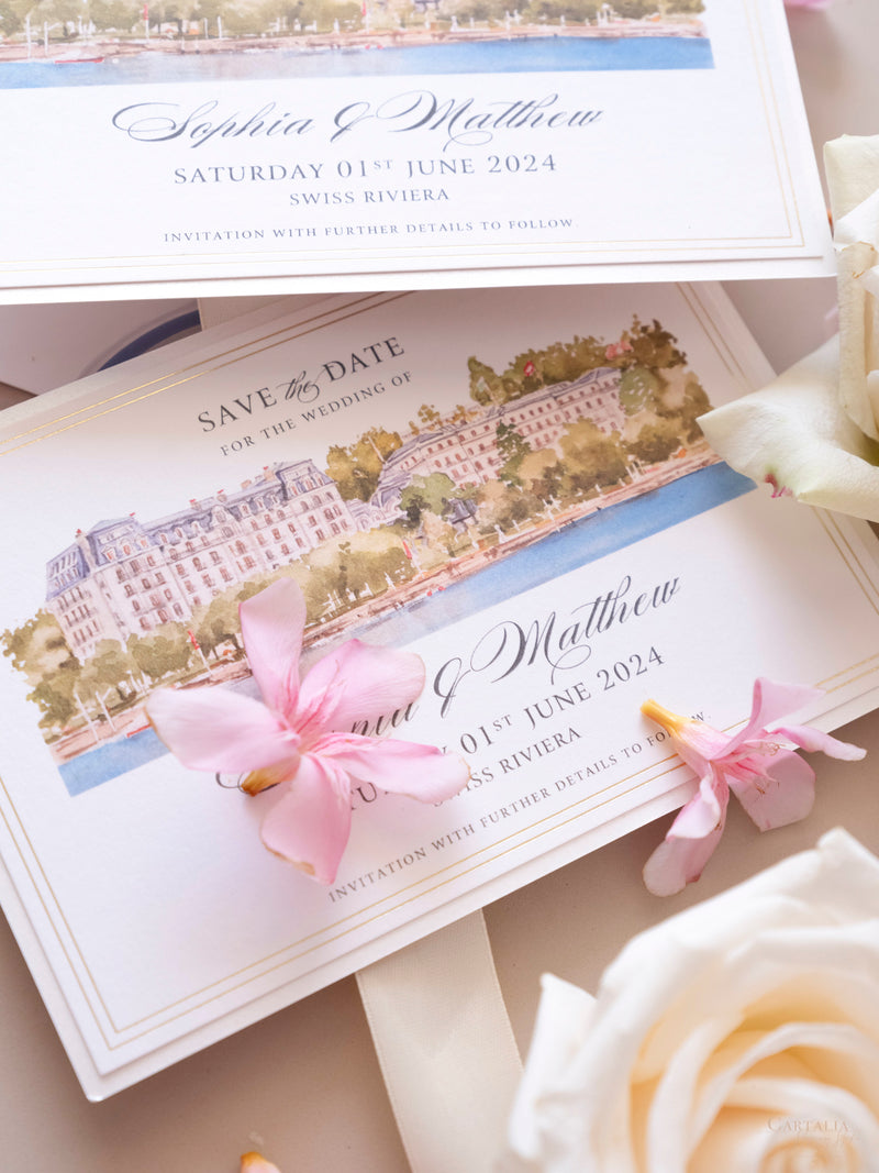 Watercolor Save The Date with Gold Foil Venue Sketch | Swiss Rivera