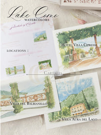Watercolor Lake Como, Villa Cipressi, Villa Aura Del Lago_ Villa Del Balbianello Invitations, Lake Como Wedding by Cartalia