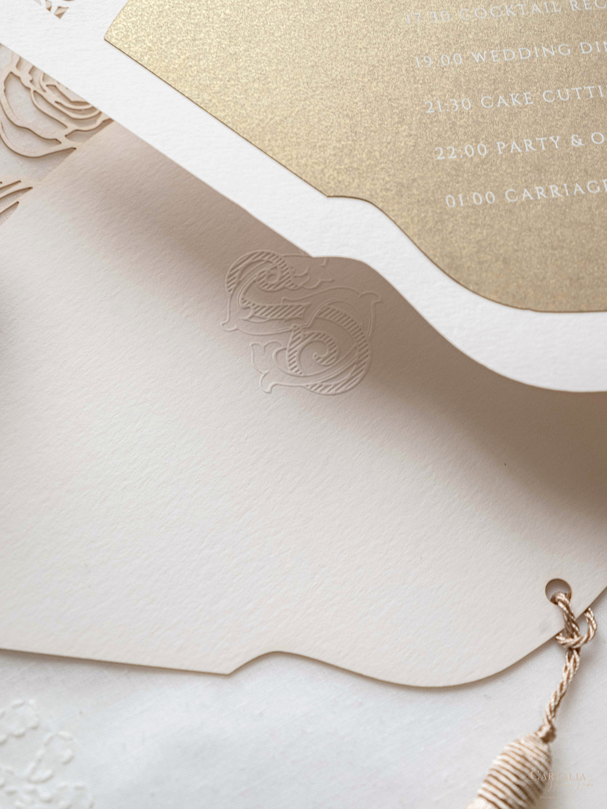 Luxury Wedding Fan with Order of Day Program in Gold with Luxury French Unique Tassel and Embossed Monogram