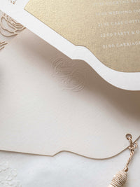 Luxury Wedding Fan with Order of Day Program in Gold with Luxury French Unique Tassel and Embossed Monogram