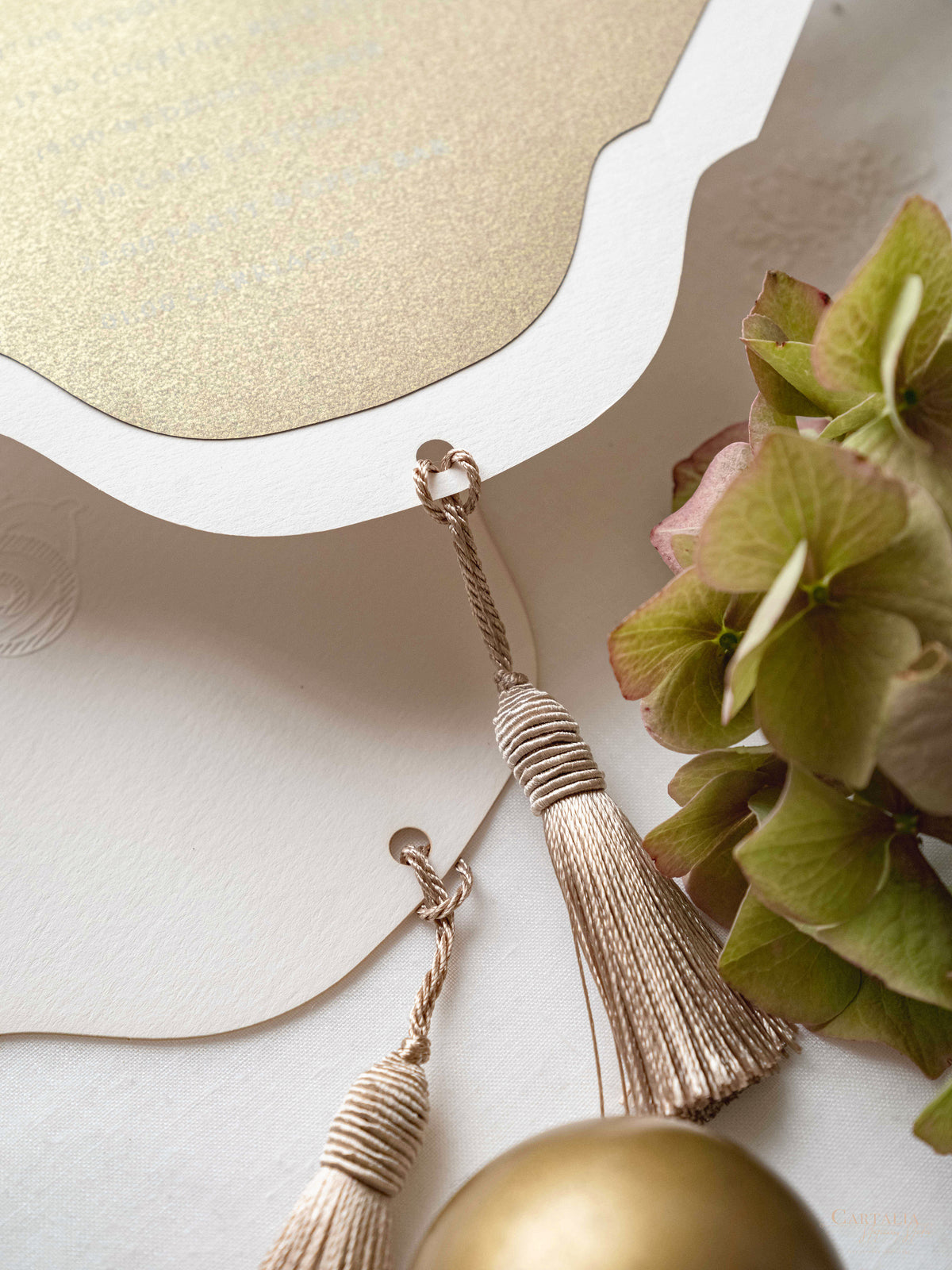 Luxury Wedding Fan with Order of Day Program in Gold with Luxury French Unique Tassel and Embossed Monogram
