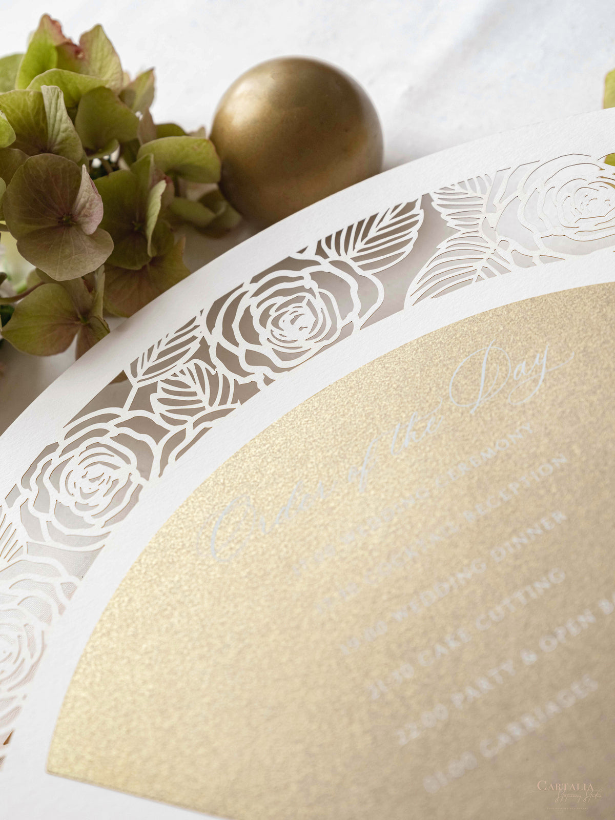 Luxury Wedding Fan with Order of Day Program in Gold with Luxury French Unique Tassel and Embossed Monogram