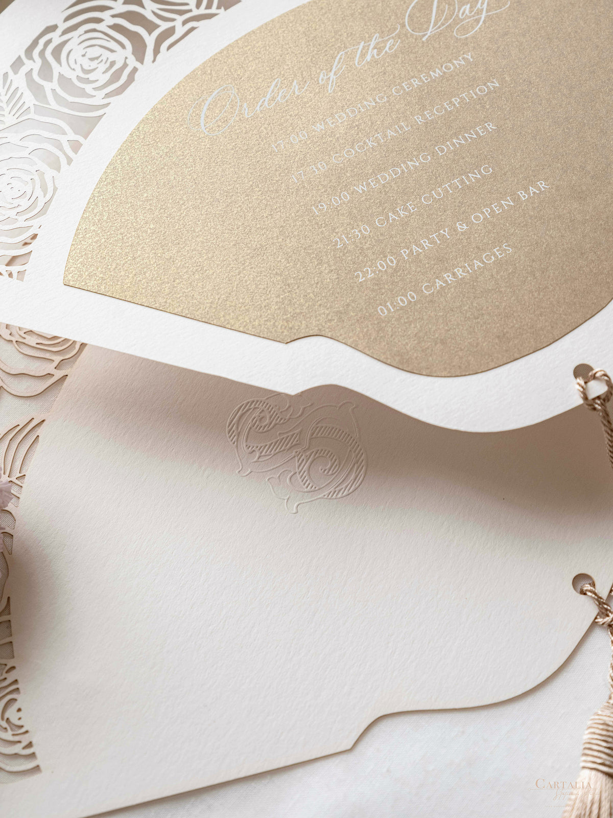 Luxury Wedding Fan with Order of Day Program in Gold with Luxury French Unique Tassel and Embossed Monogram