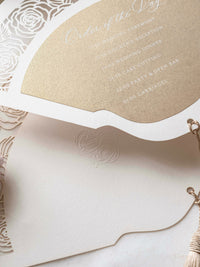 Luxury Wedding Fan with Order of Day Program in Gold with Luxury French Unique Tassel and Embossed Monogram