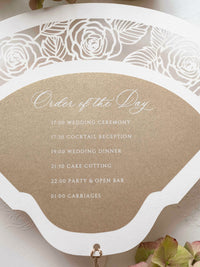 Luxury Wedding Fan with Order of Day Program in Gold with Luxury French Unique Tassel and Embossed Monogram