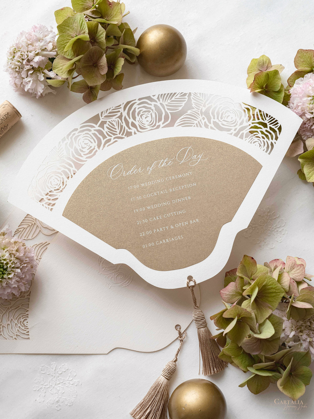 Luxury Wedding Fan with Order of Day Program in Gold with Luxury French Unique Tassel and Embossed Monogram