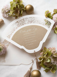 Luxury Wedding Fan with Order of Day Program in Gold with Luxury French Unique Tassel and Embossed Monogram
