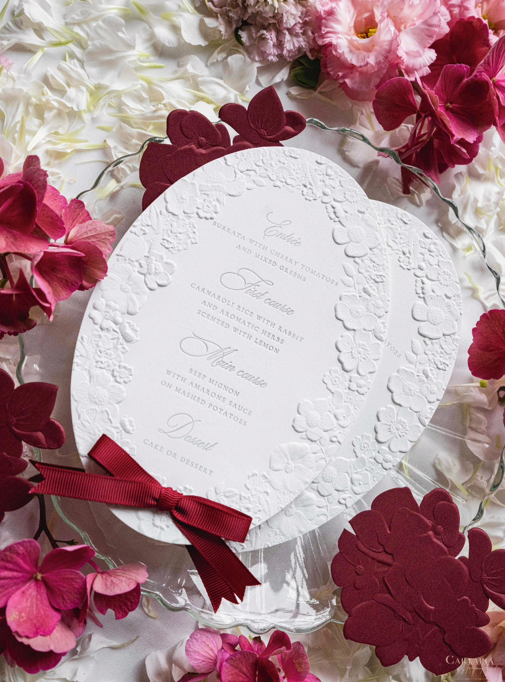 Oval 3D Sculpted Menu in Bordoux | Letterpress on 330gsm Premium Ivory Matt Cardstock (Copy)