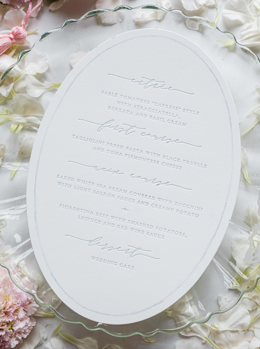 Butterflies & Flowers | an Oval Menu with Letterpress & Tassel