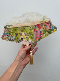 Scalloped Edge Laser-Cut Custom Wedding Petal Fan with Venue Watercolour and Silky Tassel