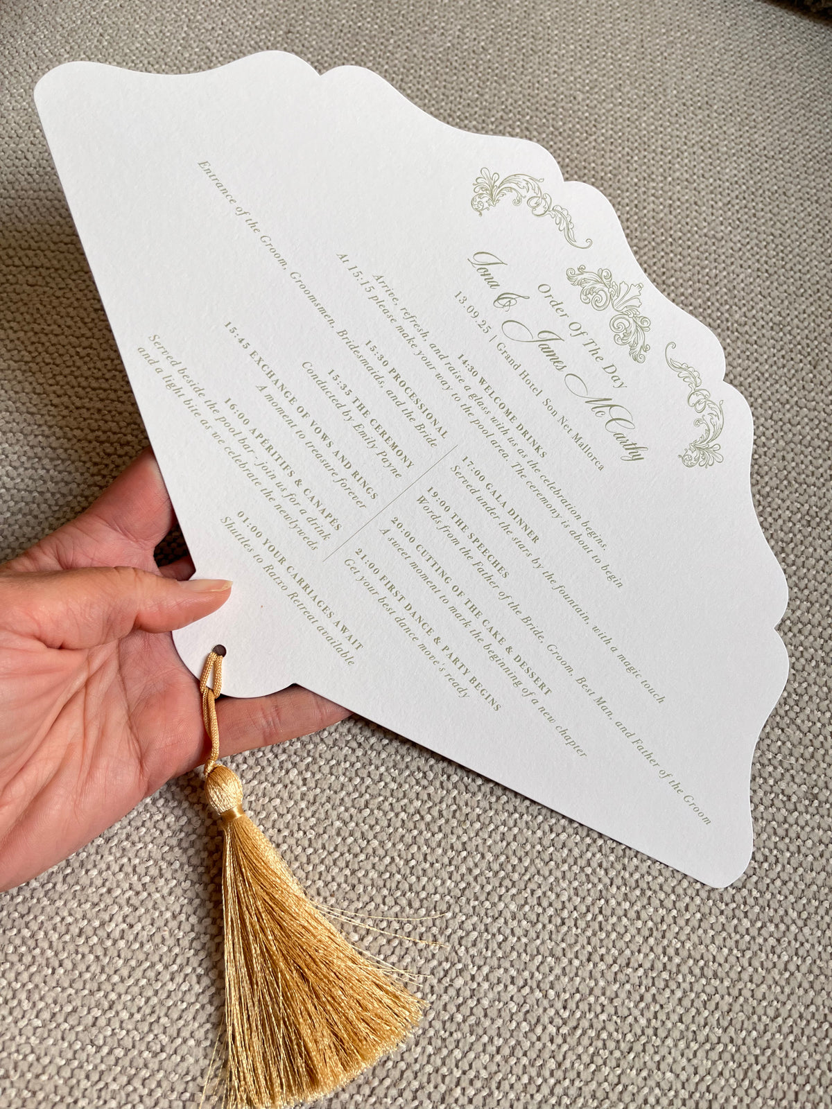 Scalloped Edge Laser-Cut Custom Wedding Petal Fan with Venue Watercolour and Silky Tassel