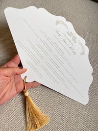 Scalloped Edge Laser-Cut Custom Wedding Petal Fan with Venue Watercolour and Silky Tassel