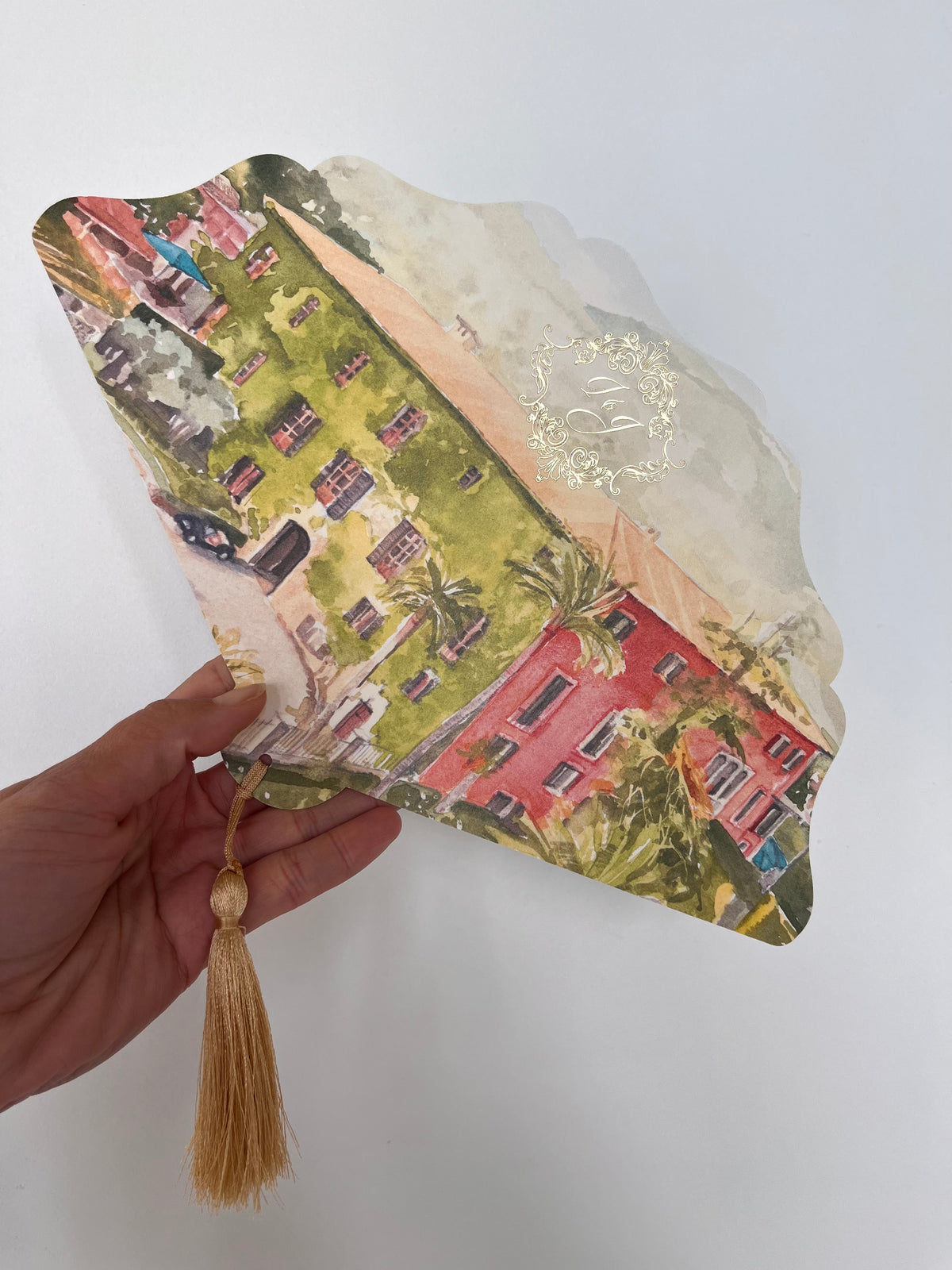 Scalloped Edge Laser-Cut Custom Wedding Petal Fan with Venue Watercolour and Silky Tassel