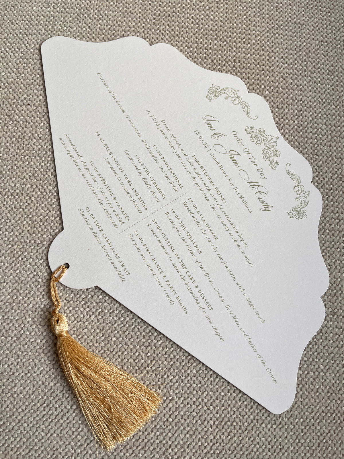 Scalloped Edge Laser-Cut Custom Wedding Petal Fan with Venue Watercolour and Silky Tassel