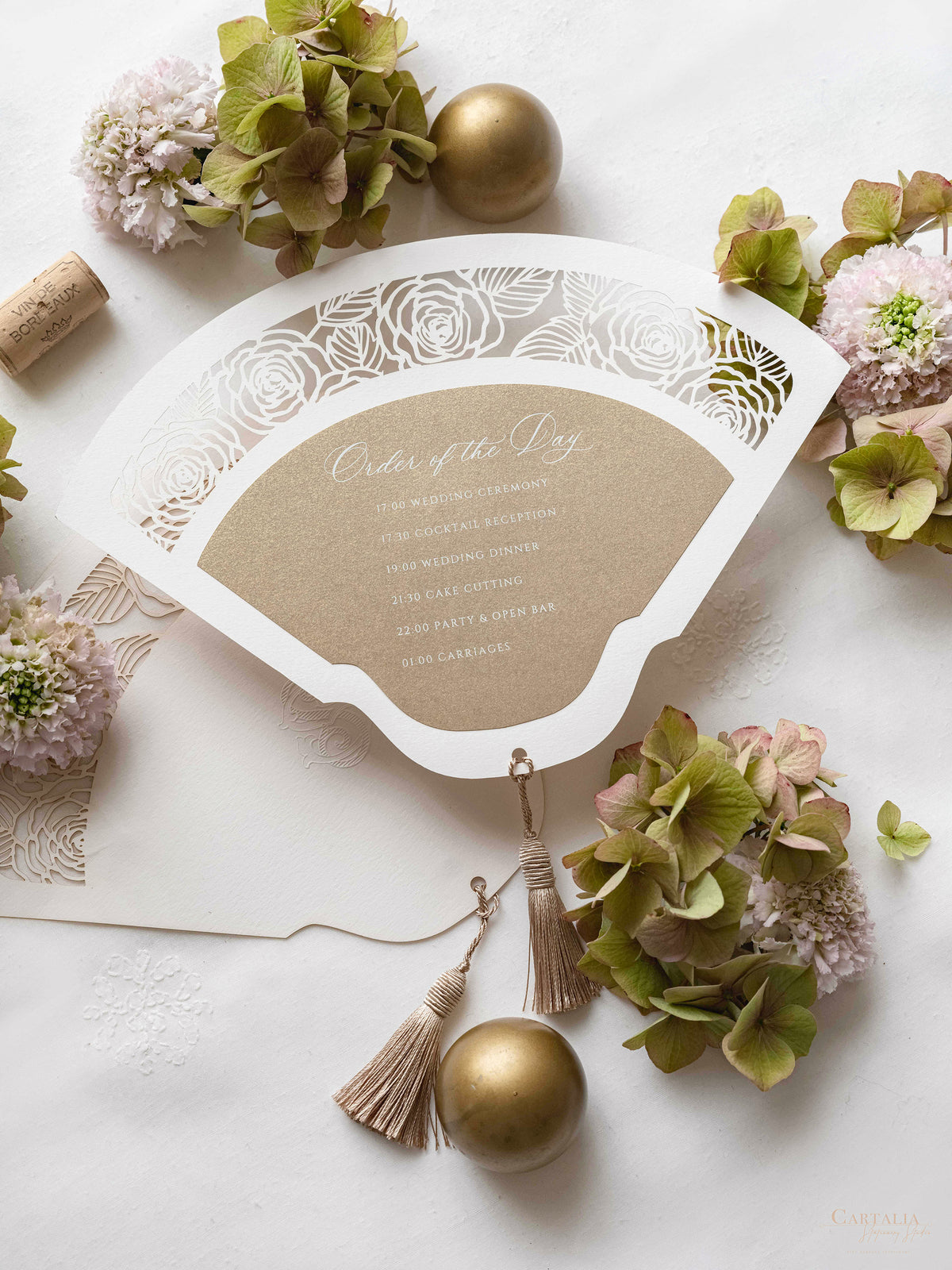 Luxury Wedding Fan with Order of Day Program in Gold with Luxury French Unique Tassel and Embossed Monogram