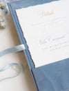 Luxury Velvet Hard Back Book Folio & Ribbon Invitation with Gold Foil Venue | Bespoke Commission