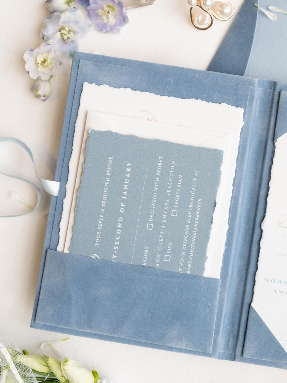 Luxury Velvet Hard Back Book Folio & Ribbon Invitation with Gold Foil ...