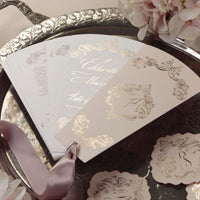 Regal Wedding Petal Program Fan, Ordre de Jour, Ordre de service, monogramme de feuille de luxe unique