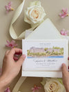 Watercolor Save The Date with Gold Foil Venue Sketch | Swiss Rivera