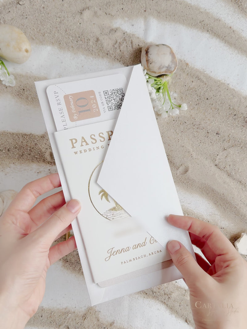 White Vegan Leather Passport with Gold Foil Palm Trees | Caribbean Wed ...