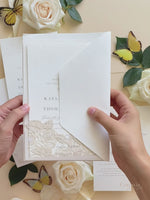 Folder Pocket Pearl Foil Intricate Laser Cut Roses Suite with Rsvp Card