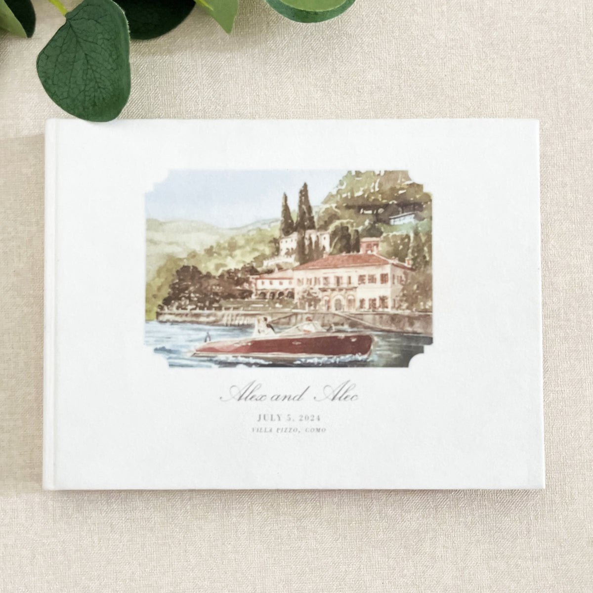 Personalized White Velvet Wedding Guest Book with Your Custom Venue Watercolour | Villa Pizzo, Lake Como