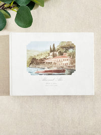 Personalized White Velvet Wedding Guest Book with Your Custom Venue Watercolour | Villa Pizzo, Lake Como