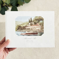 Personalized White Velvet Wedding Guest Book with Your Custom Venue Watercolour | Villa Pizzo, Lake Como