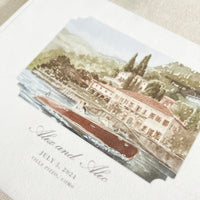 Personalized White Velvet Wedding Guest Book with Your Custom Venue Watercolour | Villa Pizzo, Lake Como