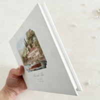 Personalized White Velvet Wedding Guest Book with Your Custom Venue Watercolour | Villa Pizzo, Lake Como