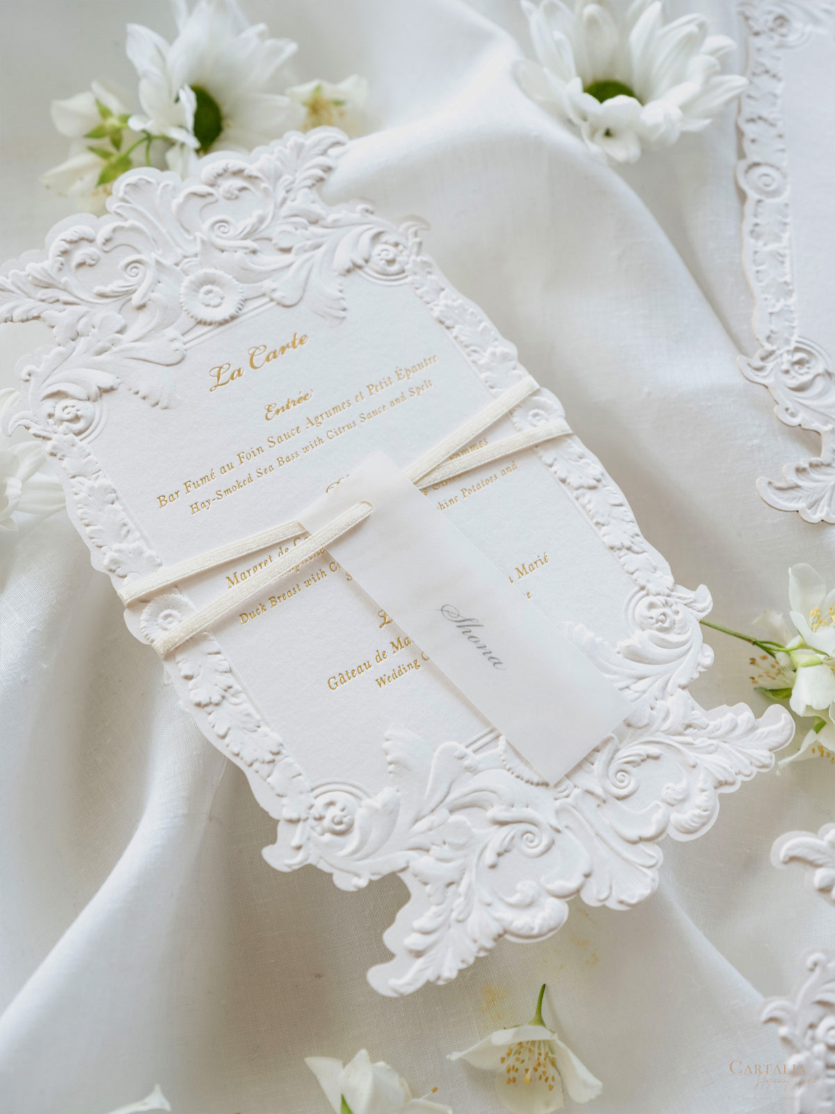 Sculpted Elegance | A Menu with 3D Sculpted Embossing on Cotton Card with Gold Foil