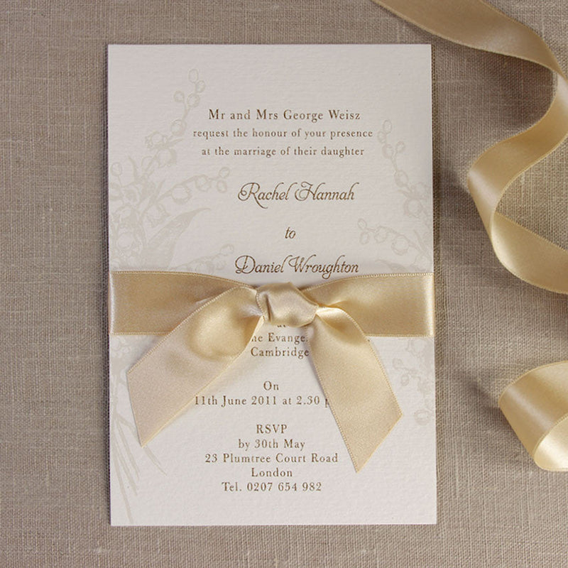 Pearl Embossed Elegant Lily of the Valley Invitation with Satin French Ribbon and Gold Ink