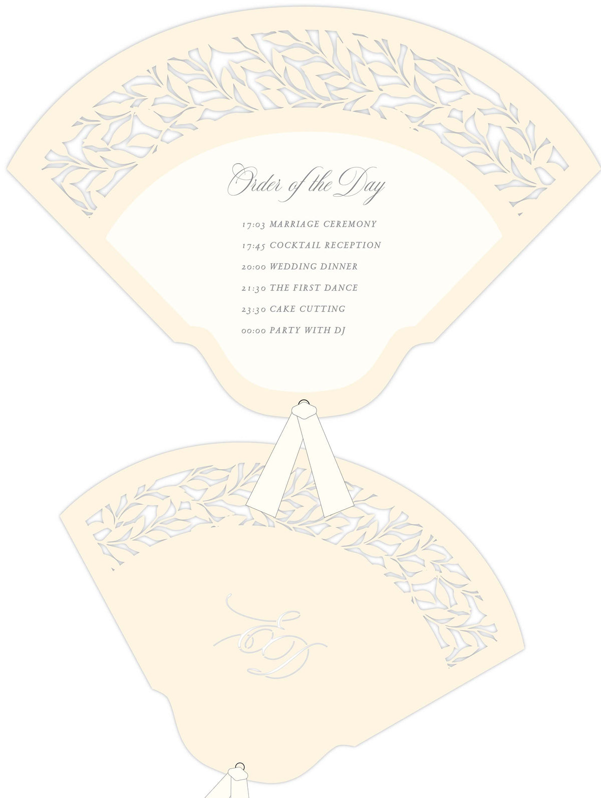 Intricato ventaglio con programma di petali di nozze con foglie tagliate al laser con esclusivo monogramma in lamina di lusso