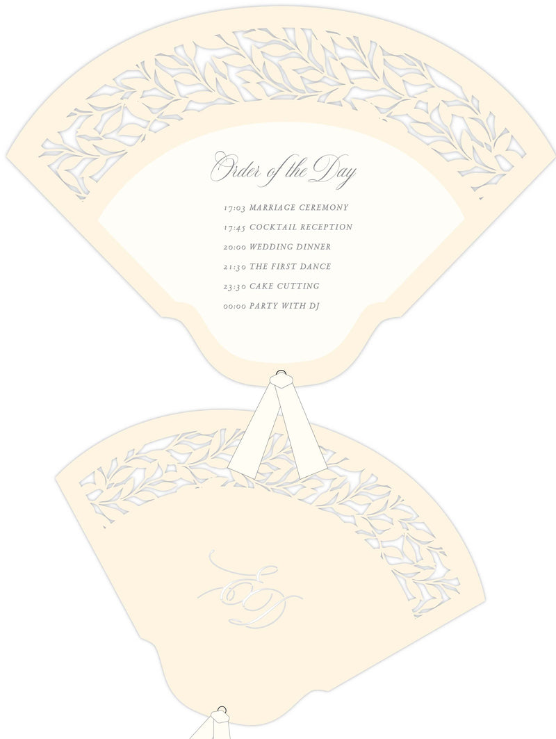 Intricate Laser Cut Leaf Wedding Petal Program Fan with Unique Luxury Foil Monogram
