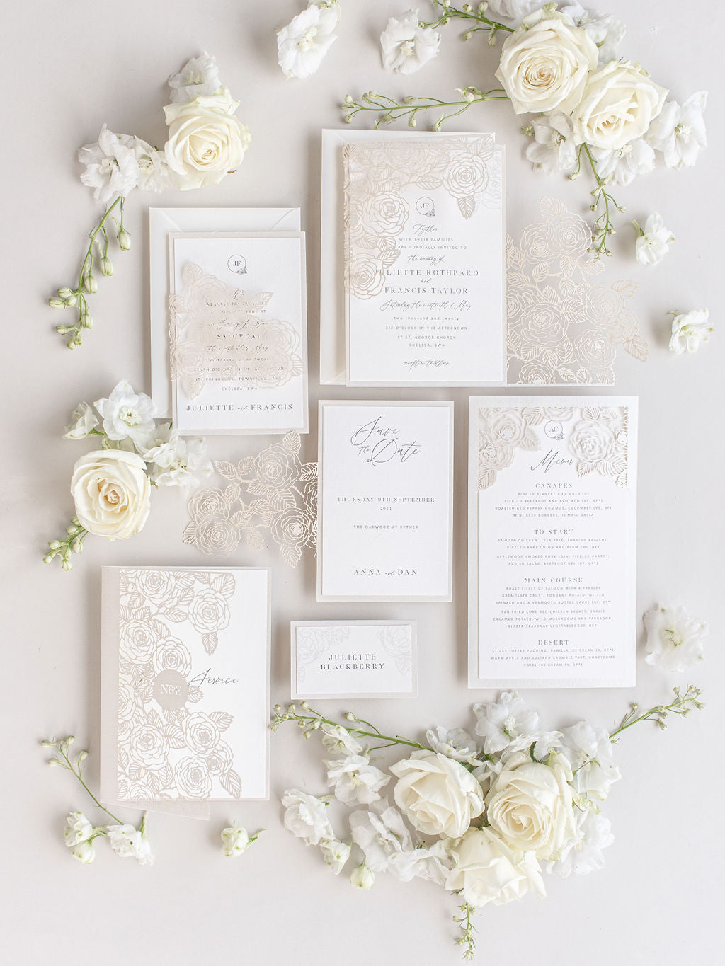 Intricate Laser Cut Rose Detail Evening Invitation