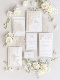 Intricate Laser Cut Roses Detail with Pearl Foil Belly Band Style Wrap Wedding Day Invitation