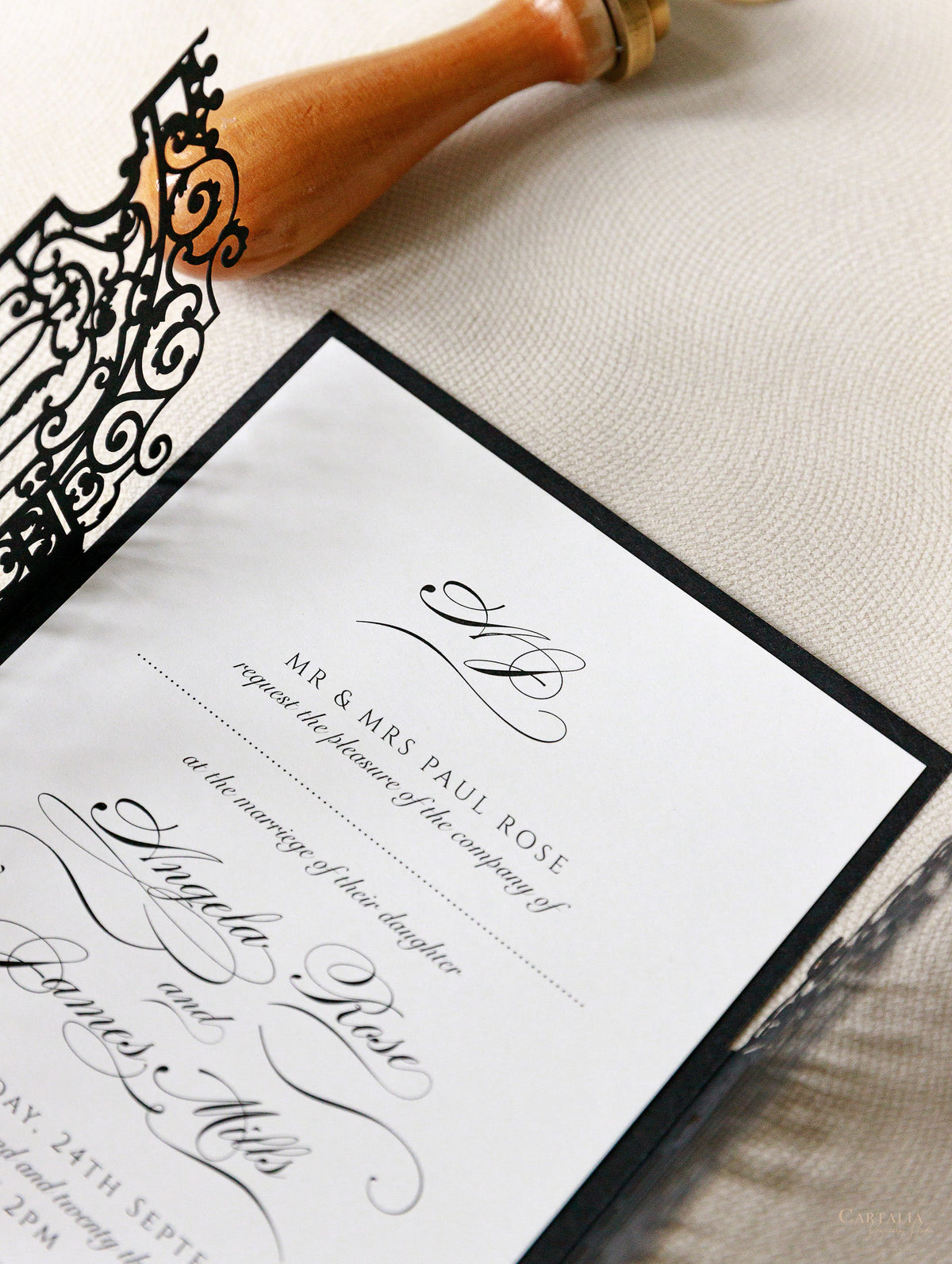 Elegant Black Ornamental Gate Laser Cut Wedding Day Invitation with Real Gold Foil