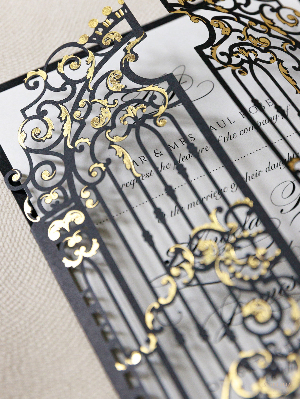 Elegant Black Ornamental Gate Laser Cut Wedding Day Invitation with Real Gold Foil