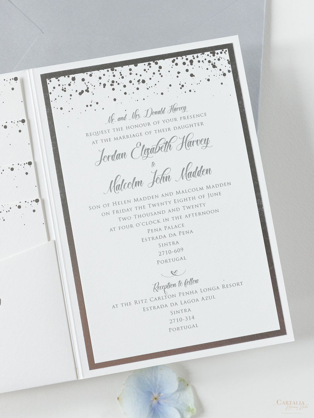 Full en feuille d'argent Confetti en pointillé Invitation de mariage Suite en feuille de feuille, RSVP + enveloppes