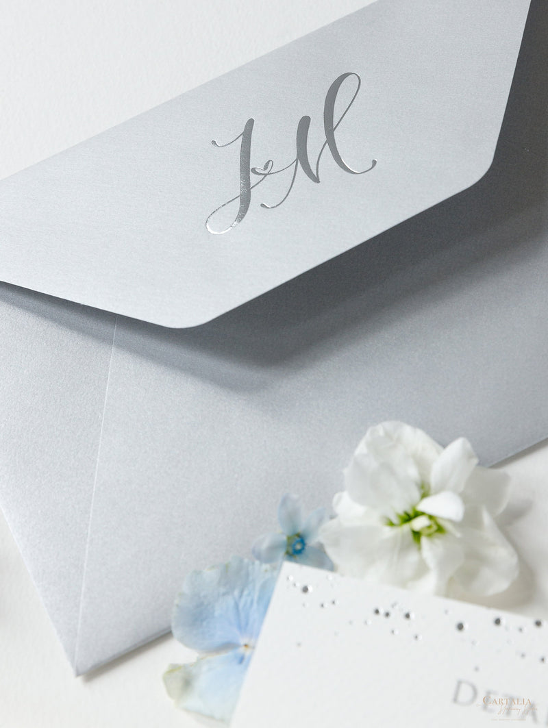 Silver Foil Confetti Dotted Wedding Invitation Suite Foil Monogram, RSVP + Envelopes