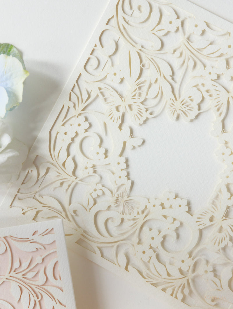 Magic Garden Butterfly Laser cut Pull out folder in Ivory and Blush Metallic Colours with Rsvp