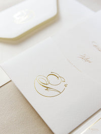 Pliegue de bolsillo clásico de lujo con 4 inserciones Suite de invitación de boda con lámina dorada