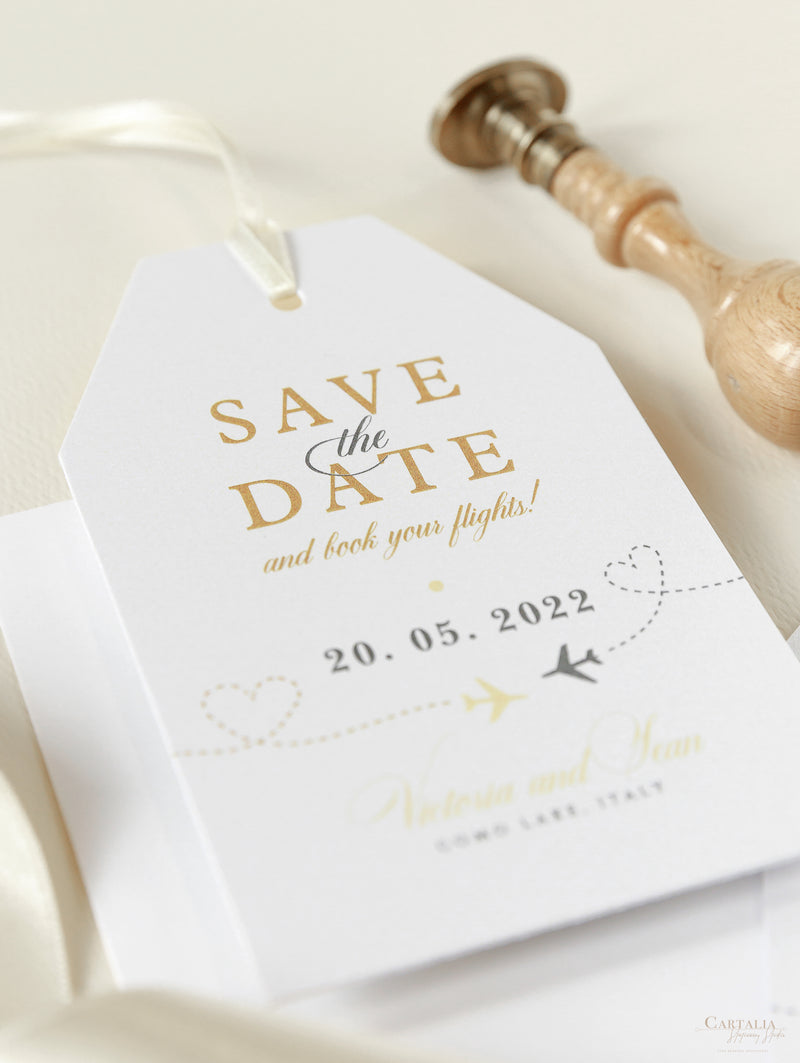 Champagne and Gold Passport Luggage Tag Save the Date Card Travel Destination Wedding