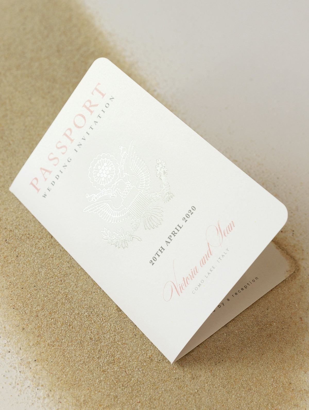 Invitation de mariage au passeport en fard à joues avec une carte d'embarquement en aluminium en argent Invite Suite