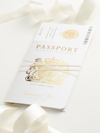 Green Passport Wedding Invitation with Shimmering Foil + Boarding Pass Style Rsvp