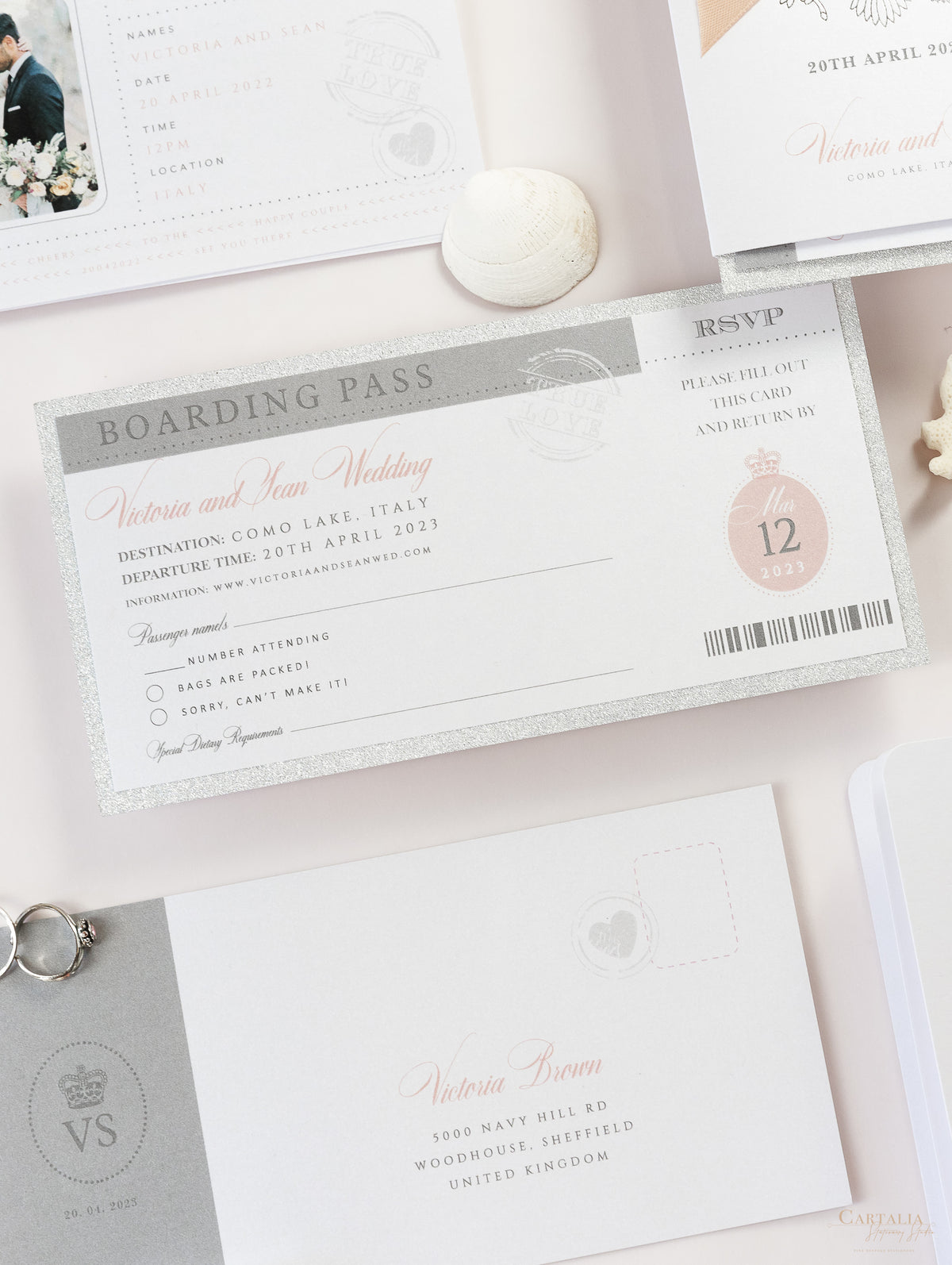 Luxury Glitter & Bow Passport Wedding Invitation in SilverGlitter Real Silver Foil