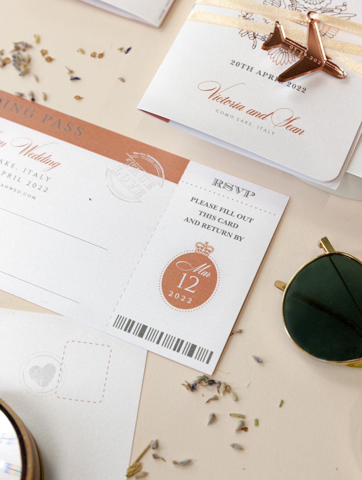 Rose Gold Luxury Passport Wedding Invitation with Real Foil Boarding Pass & Engraved Plane Invite suite